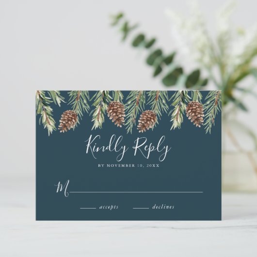 WinterWaterverf Pine Cone Wedding RSVP Informatiekaartje (Staand voorkant)