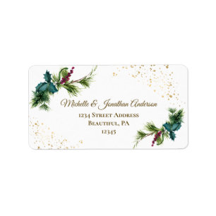 WinterWaterverf Pine Red Berries Holly Kerstmis Etiket