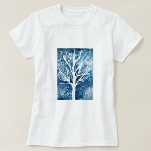 Winterwitte vogelboom Kerstmis T-shirt (Design voorkant)