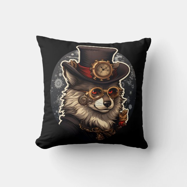 Winterwolf steampunk kussen (Voorkant)
