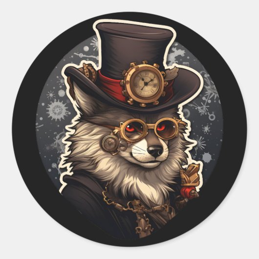 Winterwolf steampunk ronde sticker (Voorkant)