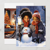 Winterwonderen: Kinder en hun sneeuwmancreatie Feestdagenkaart (Voorkant / Achterkant)
