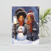 Winterwonderen: Kinder en hun sneeuwmancreatie Feestdagenkaart (Staand voorkant)