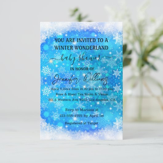 winterwonderland blauw sneeuwvlokken baby shower kaart (Staand voorkant)
