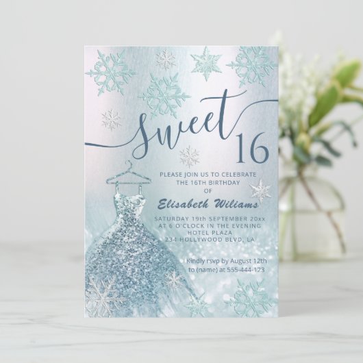 Winterwonderland blauwe jurk kaart (Staand voorkant)