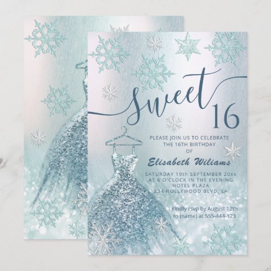 Winterwonderland blauwe jurk kaart (Voorkant / Achterkant)