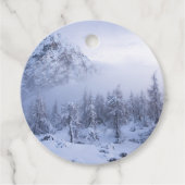 Winterwonderland, mist, sparrenbos en berg bedankjes labels (Voorkant)