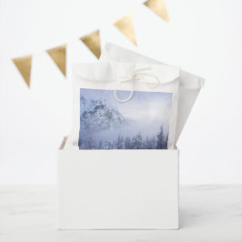 Winterwonderland, mist, sparrenbos en berg bedankzakje