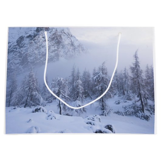 Winterwonderland, mist, sparrenbos en berg groot cadeauzakje (Voorkant)