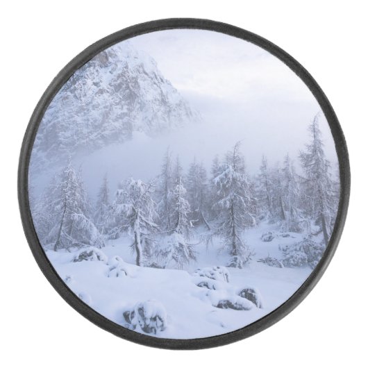 Winterwonderland, mist, sparrenbos en berg hockey puck (Voorkant)