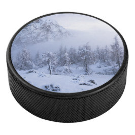 Winterwonderland, mist, sparrenbos en berg hockey puck
