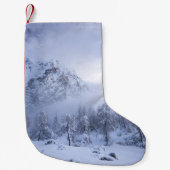 Winterwonderland, mist, sparrenbos en berg kleine kerstsok (Voorkant)