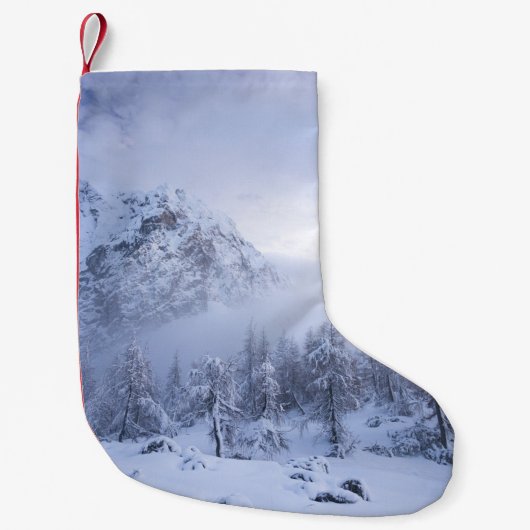 Winterwonderland, mist, sparrenbos en berg kleine kerstsok (Voorkant)