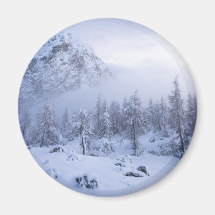 Winterwonderland, mist, sparrenbos en berg magneet