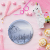 Winterwonderland, mist, sparrenbos en berg papieren bordje (Feest)