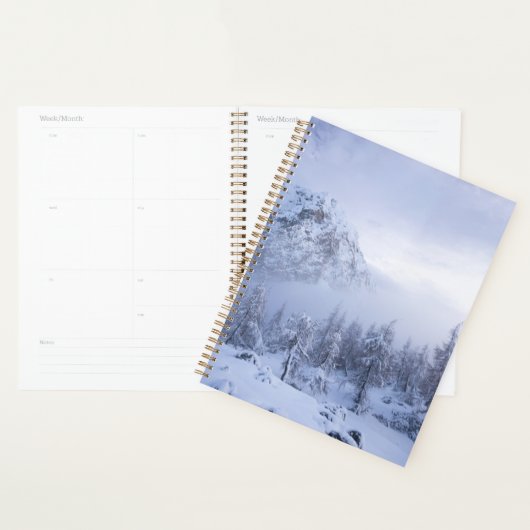 Winterwonderland, mist, sparrenbos en berg planner (Display)