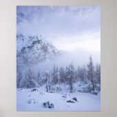 Winterwonderland, mist, sparrenbos en berg poster (Voorkant)