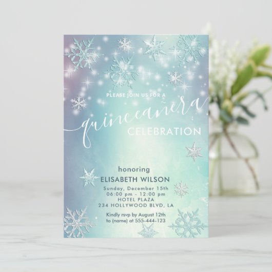 Winterwonderland sneeuwvlokken Quinceañera Invitat Kaart (Staand voorkant)