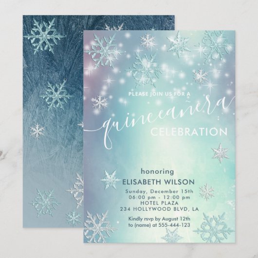 Winterwonderland sneeuwvlokken Quinceañera Invitat Kaart (Voorkant / Achterkant)