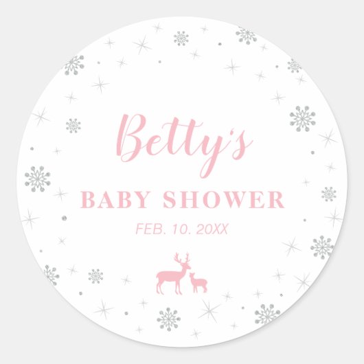 Winterwonderland, zilver en roze Baby shower Ronde Sticker (Voorkant)