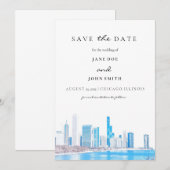 Wintery Chicago Skyline vlak Save the Date Card (Voorkant / Achterkant)