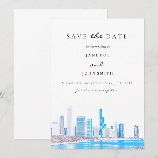 Wintery Chicago Skyline vlak Save the Date Card (Voorkant / Achterkant)
