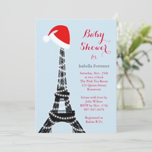 Wintery Eiffel Tower Baby shower Uitnodiging - bla (Staand voorkant)