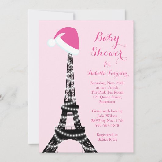 Wintery Eiffel Tower Baby shower Uitnodiging - roz (Voorkant)