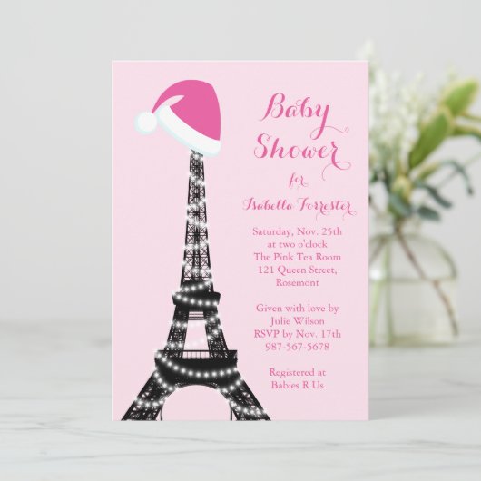 Wintery Eiffel Tower Baby shower Uitnodiging - roz (Staand voorkant)