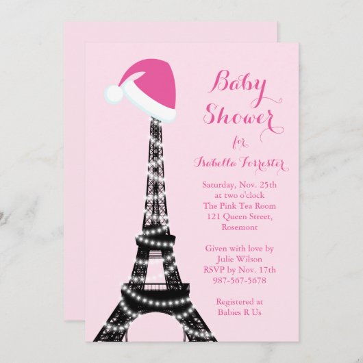 Wintery Eiffel Tower Baby shower Uitnodiging - roz (Voorkant / Achterkant)