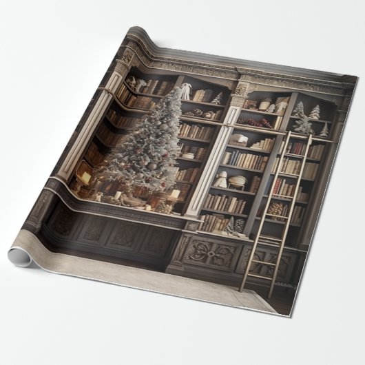 Wintery Elegante Bibliotheek Cadeaupapier (Uitgerold)