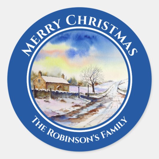 Wintery Lane Waterverf Landscape Painting Circle Ronde Sticker (Voorkant)