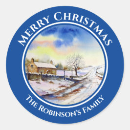 Wintery Lane Waterverf Landscape Painting Circle Ronde Sticker