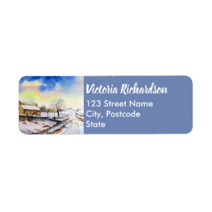 Wintery Lane Waterverf Painting Etiket