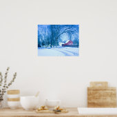 Wintery scene showing red barn in snow. poster (Keuken)