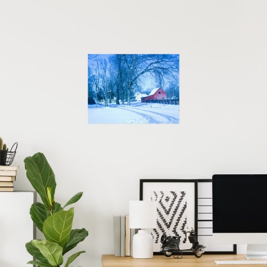 Wintery scene showing red barn in snow. poster (Thuiskantoor)