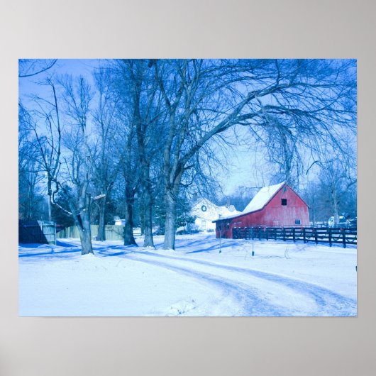 Wintery scene showing red barn in snow. poster (Voorkant)