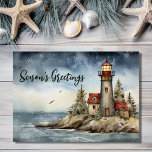 Wintery Vuurtoren Seizoen Groeten Kerstmis Feestdagen Kaart<br><div class="desc">Vier het seizoen met onze Wintery Lighthouse Season's Greetings Christmas Holiday Kaart. Het waterverf ontwerp vangt de charme van een winterse vuurtorenscène, uitstralend warmte en nostalgie. Stuur uw oprechte wensen te midden van de serene schoonheid van sneeuwvlokken en twinkelende lichten. Deel vreugde en goede tijding met deze prachtig vervaardigde kaart,...</div>