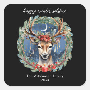 Winterzonnevende Feest Herten Krans Yule Kerstmis Vierkante Sticker