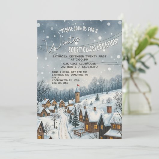Winterzonnewende Charmant Snowy Village Gezellig F Kaart (Staand voorkant)