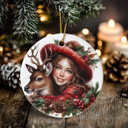 Winterzonnewende Holly Girl & Deer Holiday Forest Keramisch Ornament