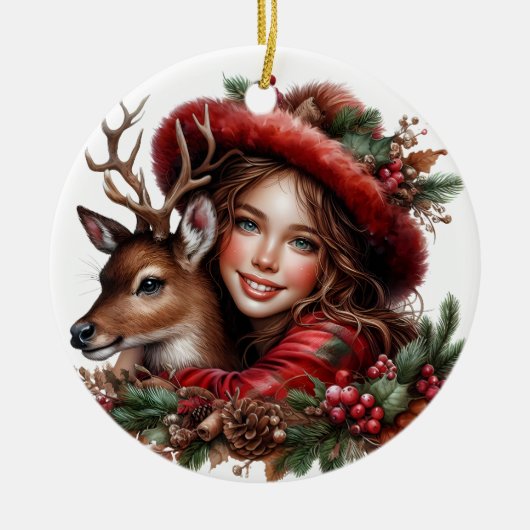 Winterzonnewende Holly Girl & Deer Holiday Forest Keramisch Ornament (Voorkant)