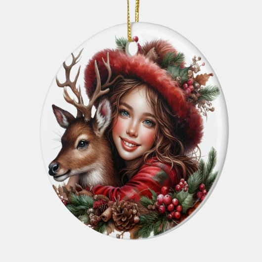 Winterzonnewende Holly Girl & Deer Holiday Forest Keramisch Ornament (Links)