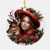 Winterzonnewende Holly Girl & Deer Holiday Forest Keramisch Ornament (Achterkant)