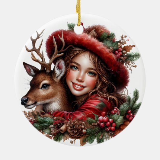 Winterzonnewende Holly Girl & Deer Holiday Forest Keramisch Ornament (Achterkant)