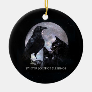 Winterzonnewende Raaf en Zwarte Katten Met Zegen Keramisch Ornament