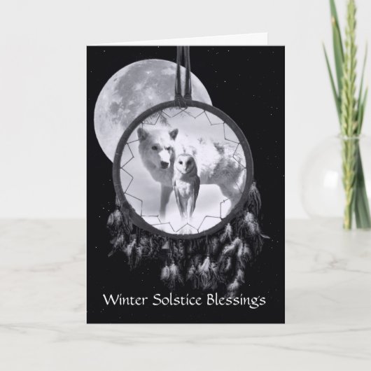 Winterzonnewende Witte Wolf en Uil Dreamcatcher Kaart (Voorkant)