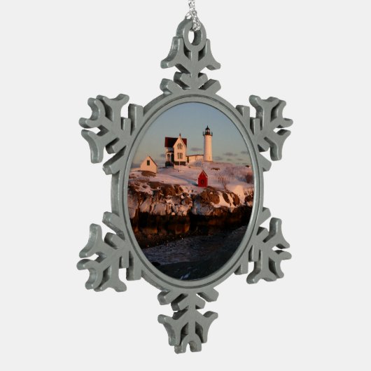 Winterzonsondergang bij Nubble Light Tin Sneeuwvlok Ornament (Links)