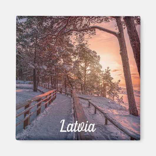 Winterzonsondergang in dennenbos nabij zee magnet (Voorkant)