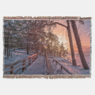 Winterzonsondergang in het dennenbos nabij zee deken